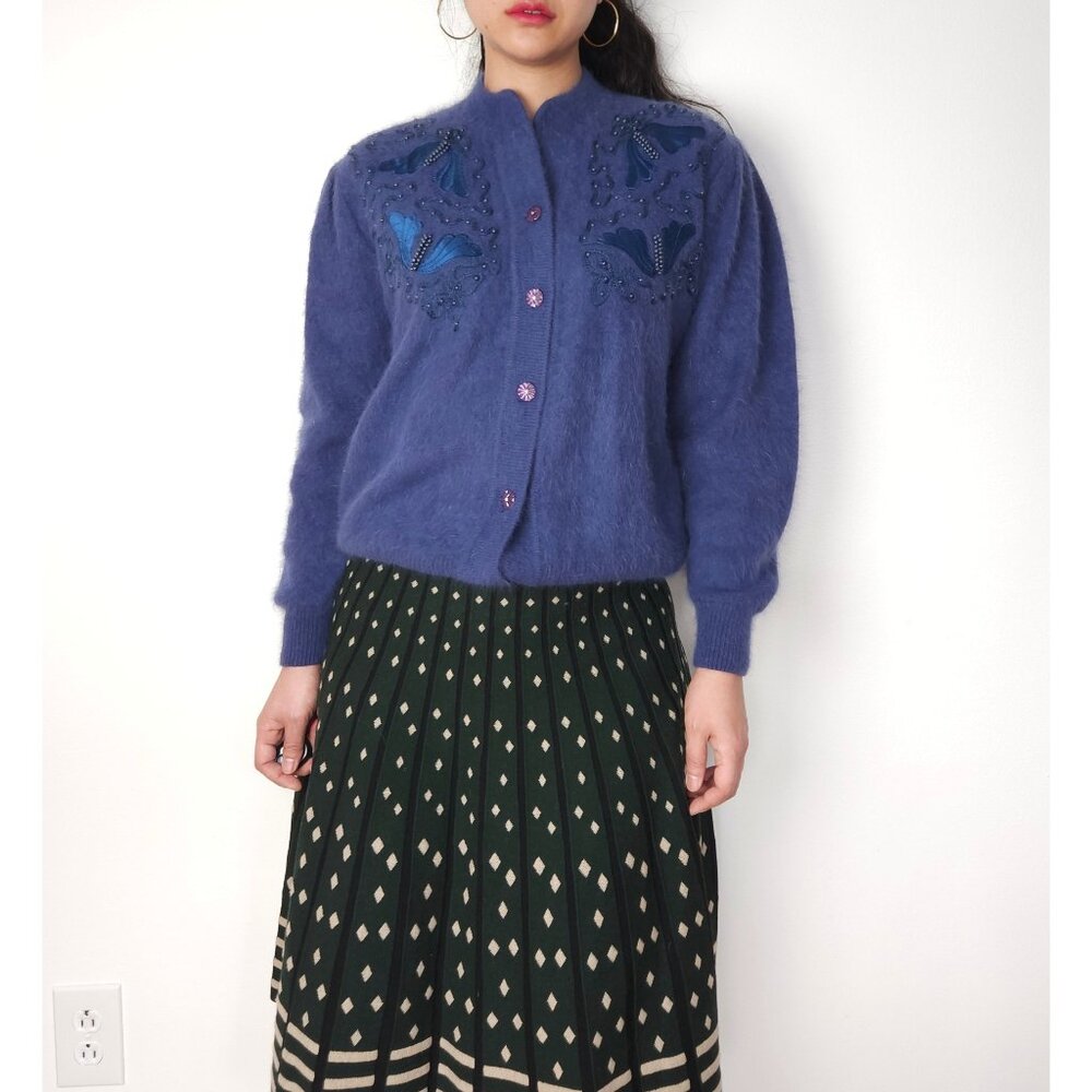 90s vintage angora wool beaded embroidered knit sweater cardigan cobalt blue
